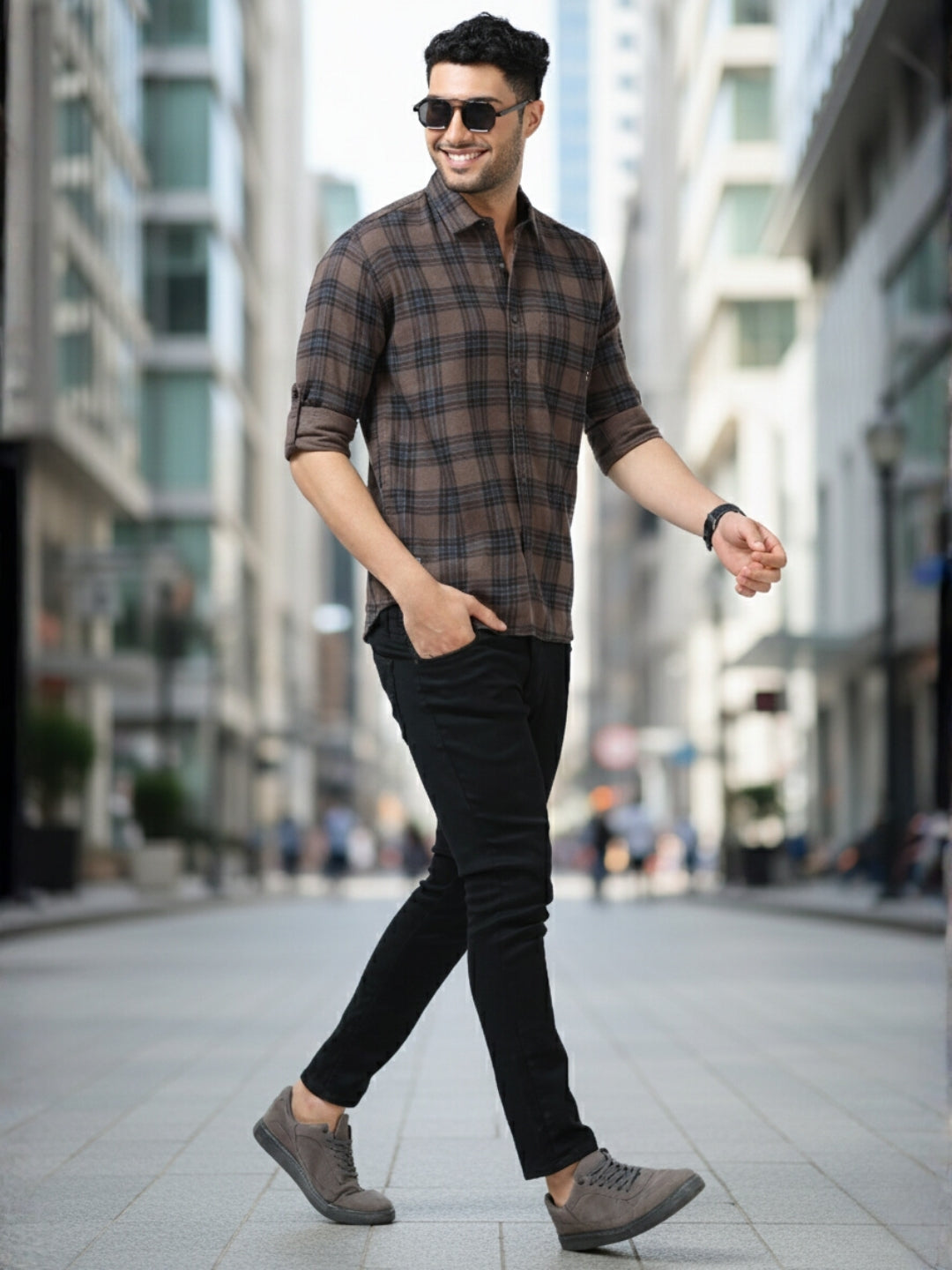 Men Brown Slim Fit Checks Full Sleeve Casual Shirt Cool Colors