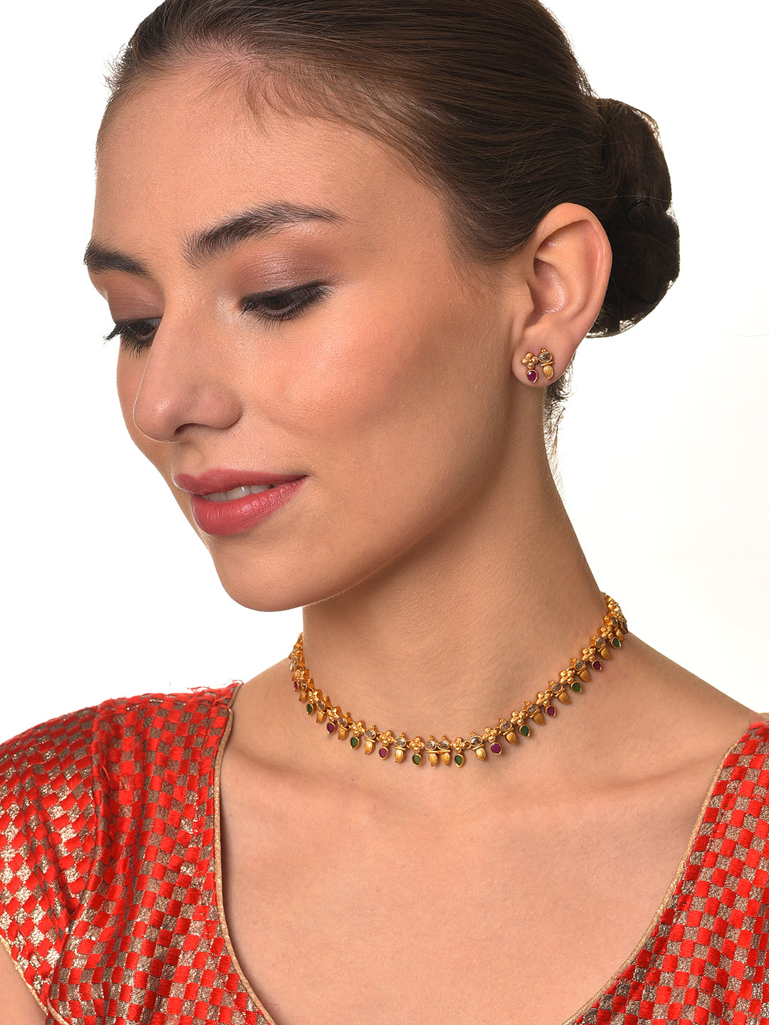 Antique Gold-Plated American Diamond Studded Pink Jewellery Set