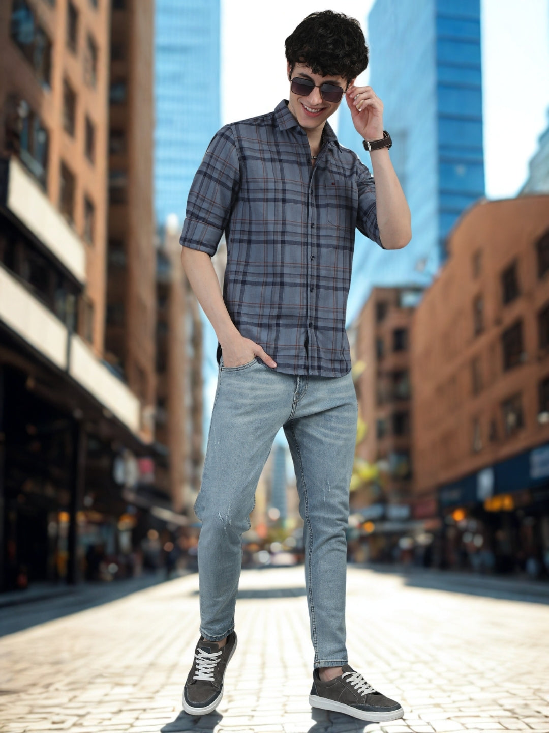Men Navy Blue Slim Fit Checks Full Sleeve Casual Shirt Cool Colors