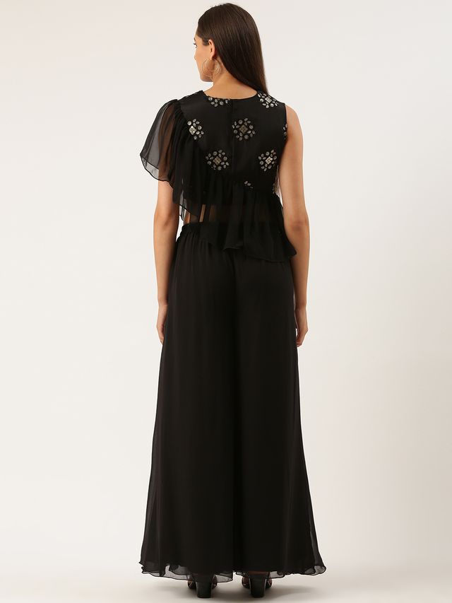 Bollywood Vogue Ready To Wear Black Chinnon Embroidered Palazzo Set