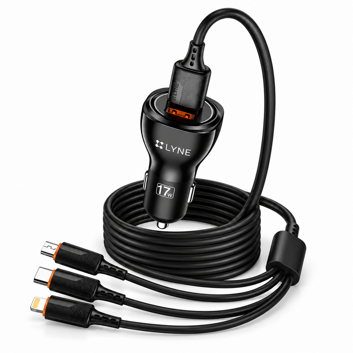 LYNE Piston 16 – 17W Fast Car Charger with 3-in-1 Data Cable & Dual USB Ports