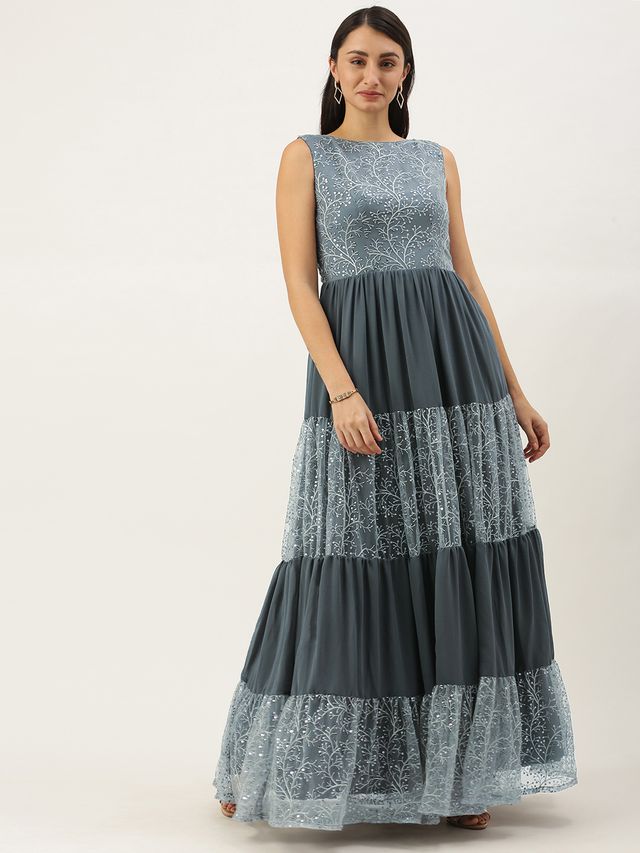 Bollywood Vogue Ready To Wear Grey Embroidered Net Tiered Gown