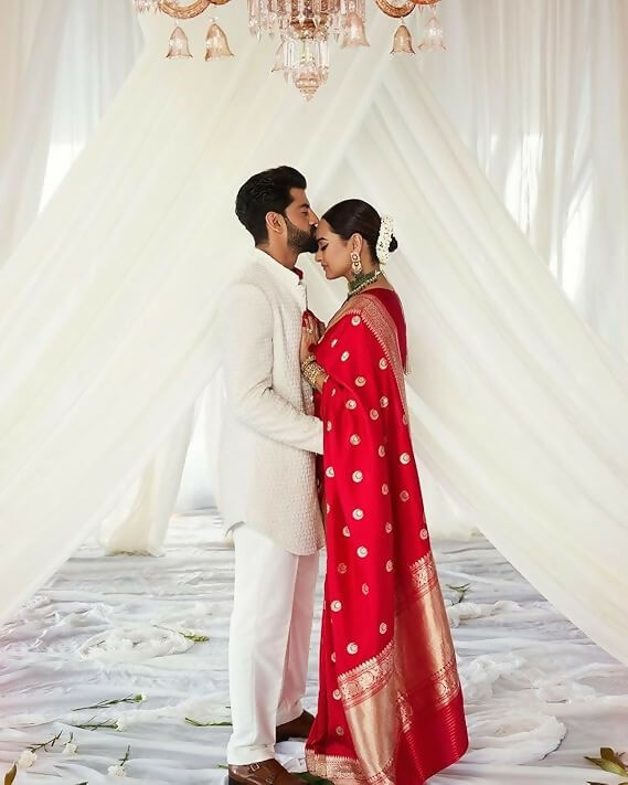 AXONIT Festive Wear Banarasi Style Silk Saree with Rich Zari Border and Matching Blouse