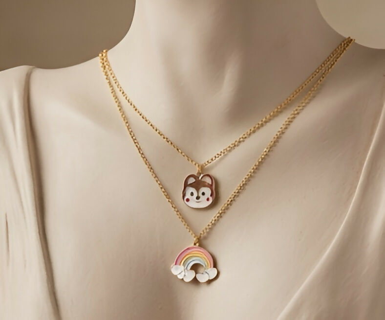 Rainbow Pendant & Cute Dog Face Necklace Set (2 Pieces)