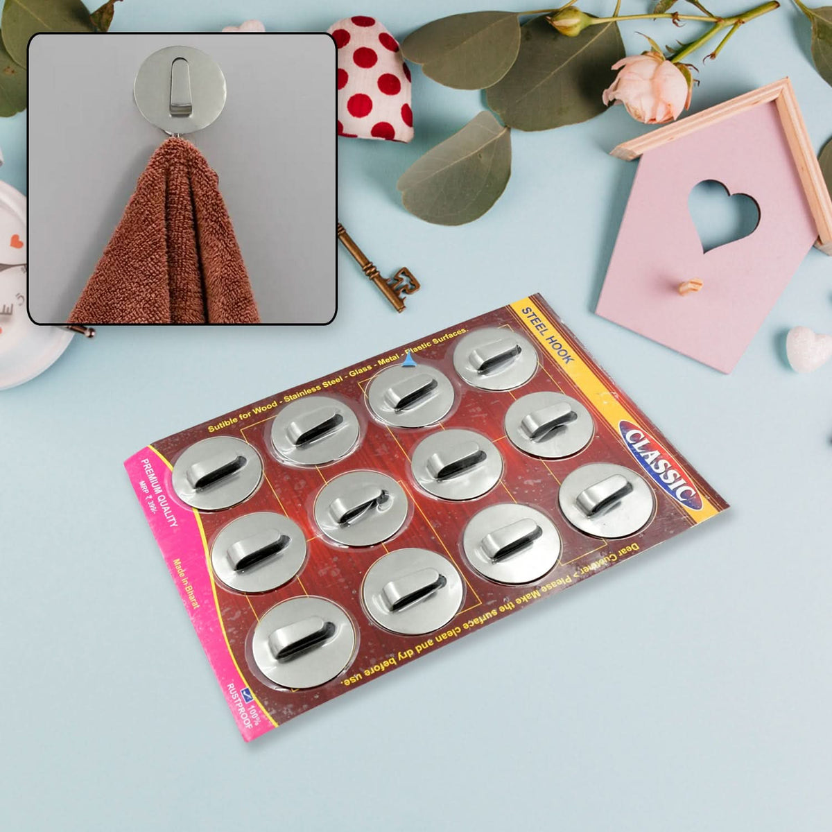 12 Pc Multipurpose Steel Self-Adhesive Wall Hanging Hooks HP DD