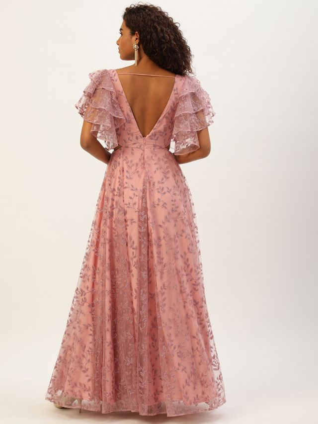 Bollywood Vogue Ready To Wear Pink Foil Printed Net Gown