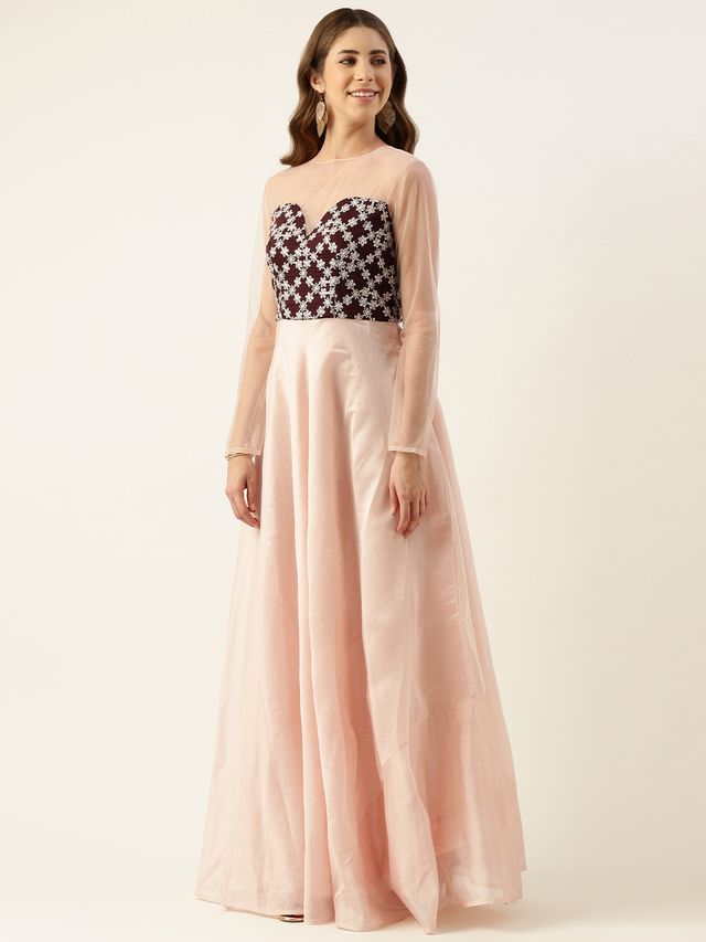 Bollywood Vogue Ready To Wear Peach N Dark Wine Muslin Sequins Embroidered Gown