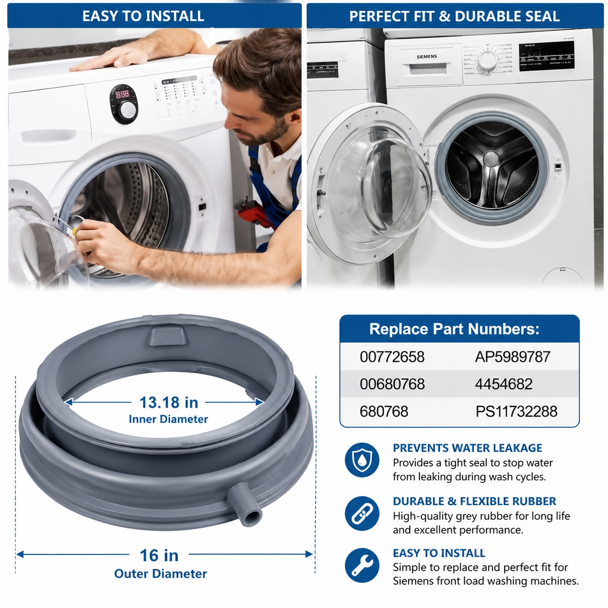 Front Load Washing Machine Door Gasket Rubber Seal | Compatible with Siemens Grey, Inner Diameter 13.18 Inch, Outer Diameter 16 Inch