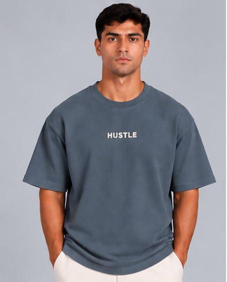 HUSTLE Men's Crew Neck Oversized Tees - Dark Slate Blue