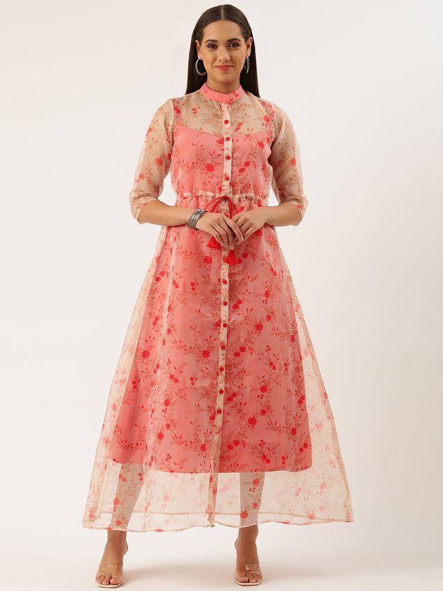 Bollywood Vogue Ready To Wear Beige Printed Organza Jacket Style Dress