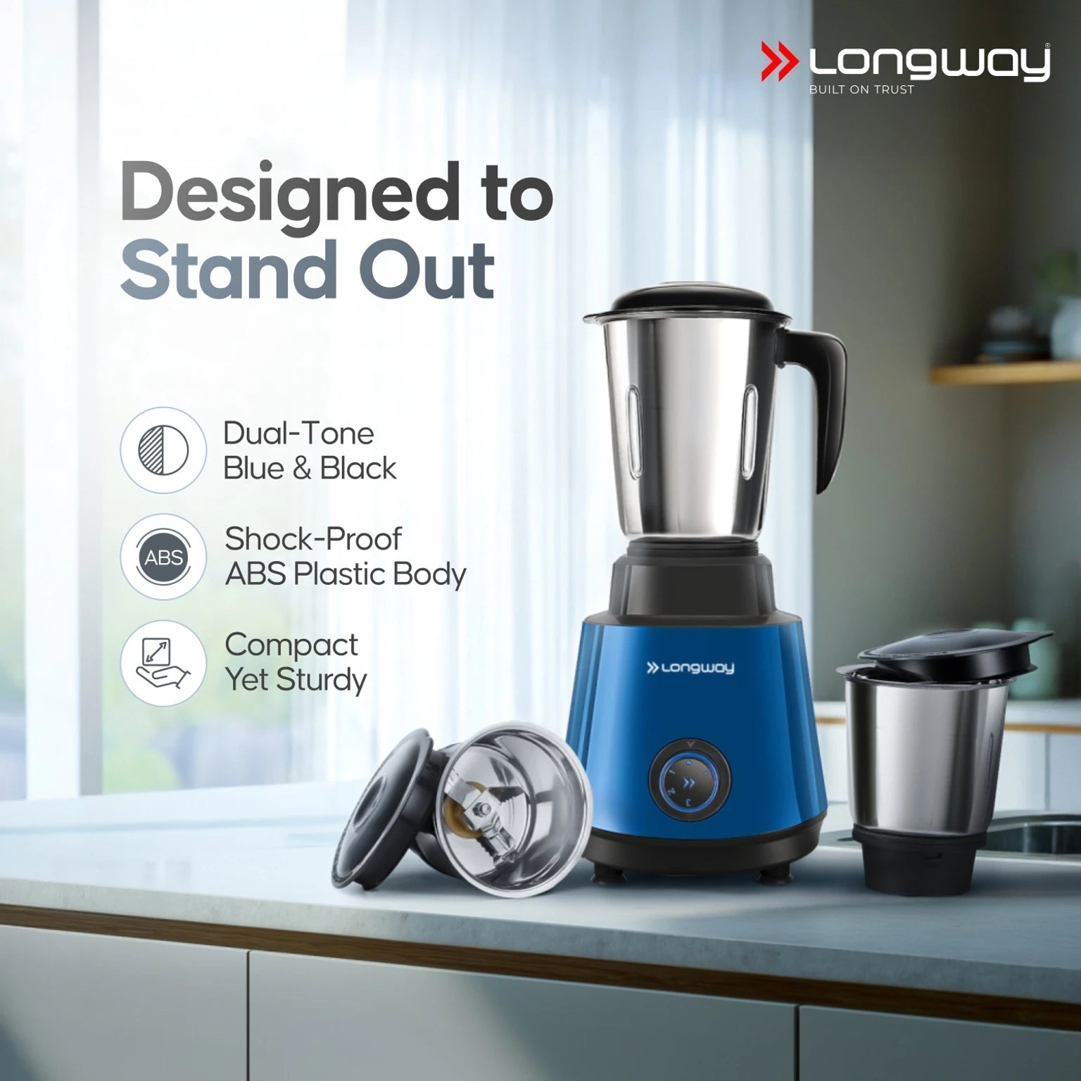 Longway Roto Max 500W Juicer Mixer Grinder with 3 Jars – Blue