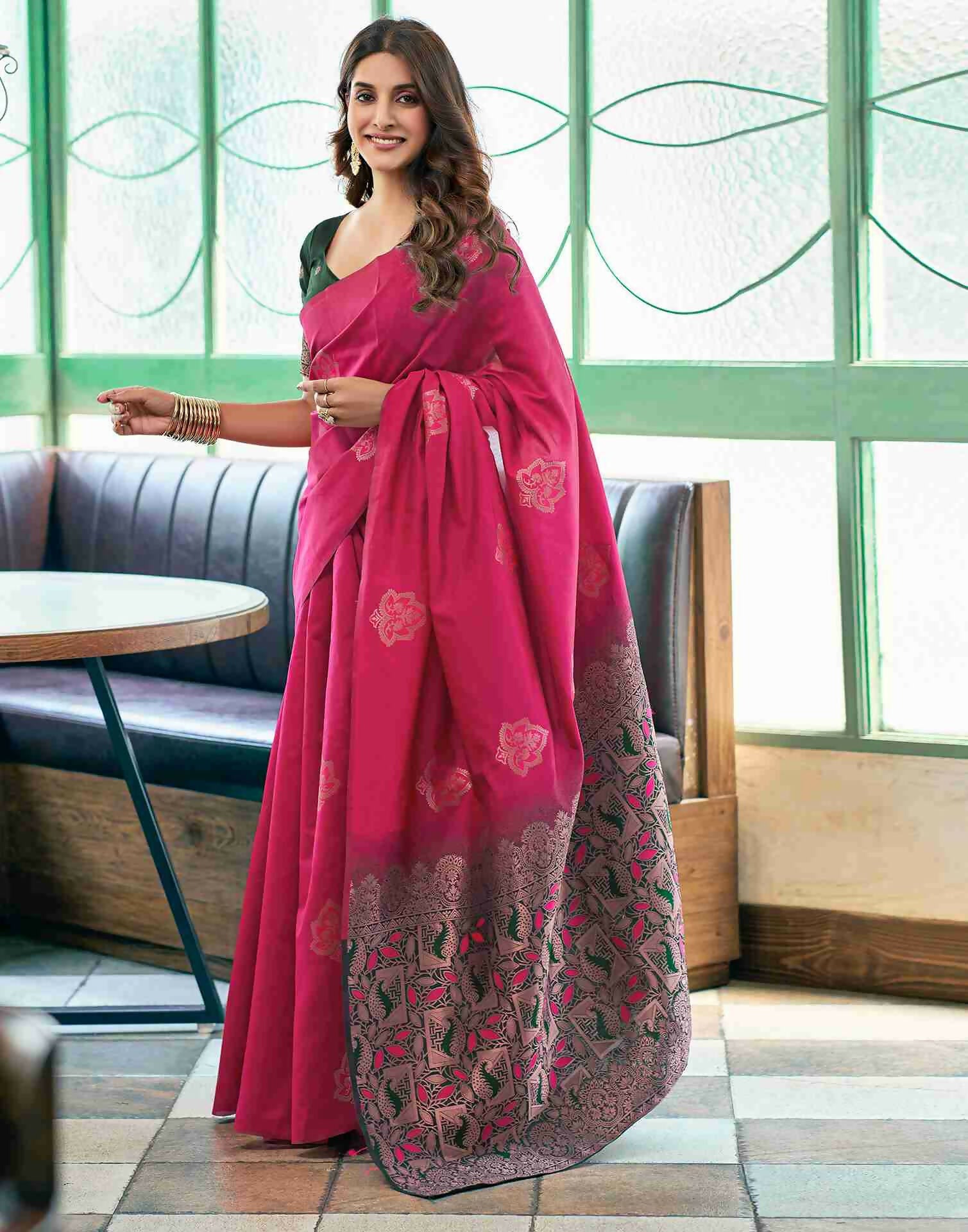 AXONIT Luxury Wedding Wear Emerald Soft Silk Saree with Heavy Golden Zari Work and Mustard-Gold Designer Pallu