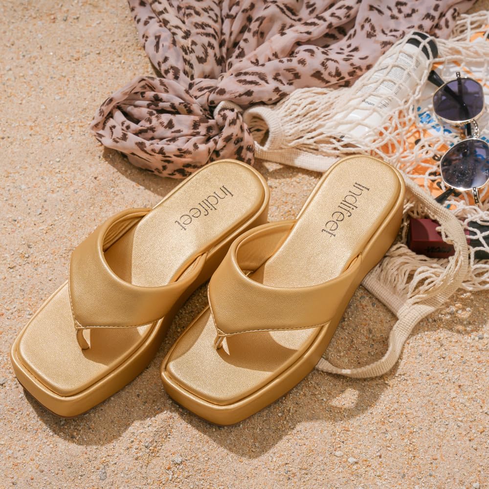 Indifeet Stylish Thong Wedge Sandals for Women - Gold - View 5