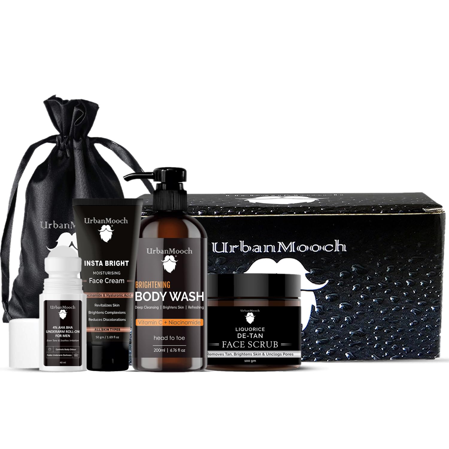 UrbanMooch 4 in1 Everyday Essentials Men's Skincare Kit with Face Brightening Cream | Vitamin C Body Wash | Detan Face Scrub | Underarm Roll-On | Rakhi Gift for Brothers Lohiya Retails