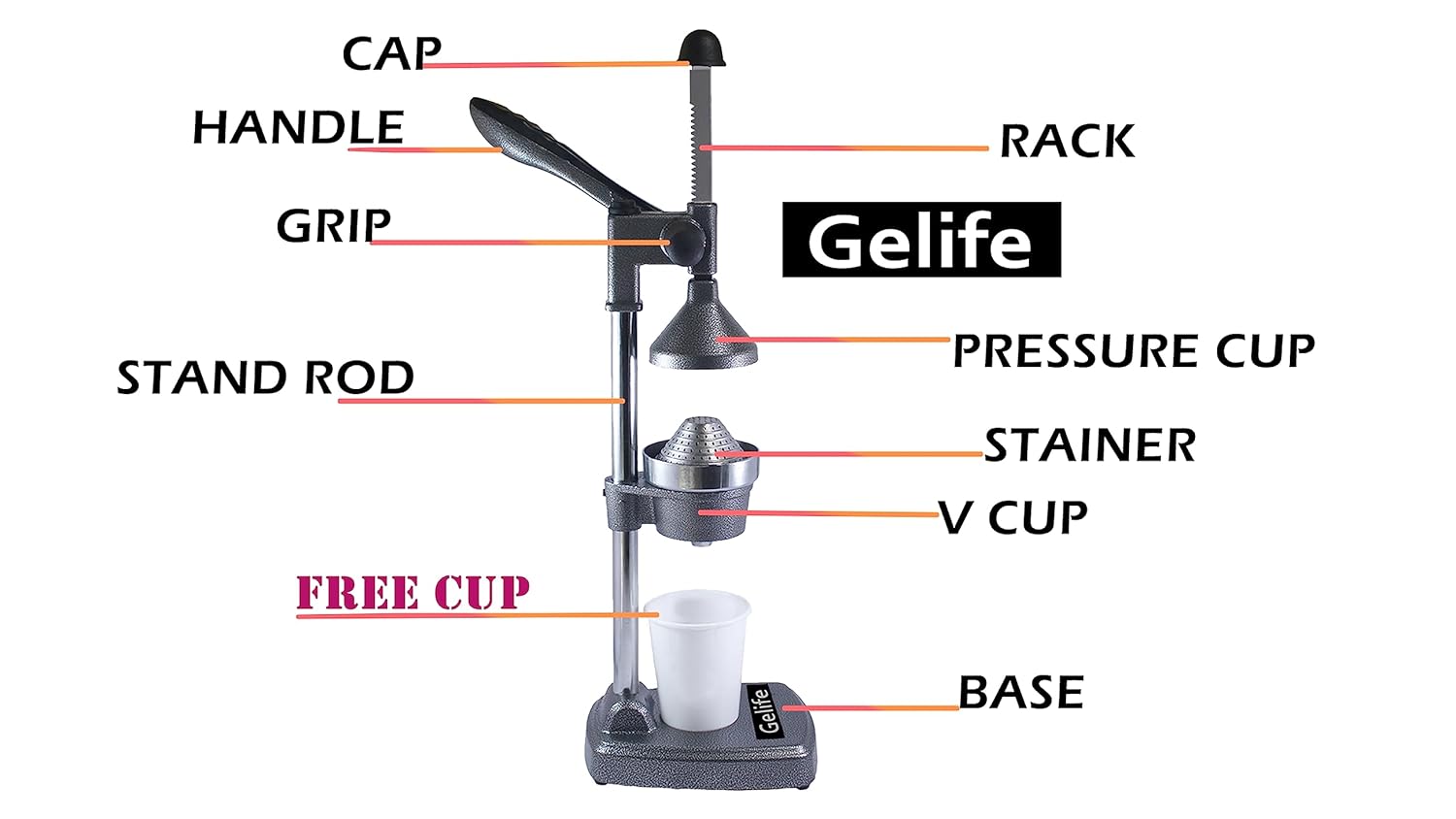 Gelife Manual Fruit Juicer Hand Press Citrus Cold Press Juice Machine for Home Made Instant Guest Serving Drink - Grey