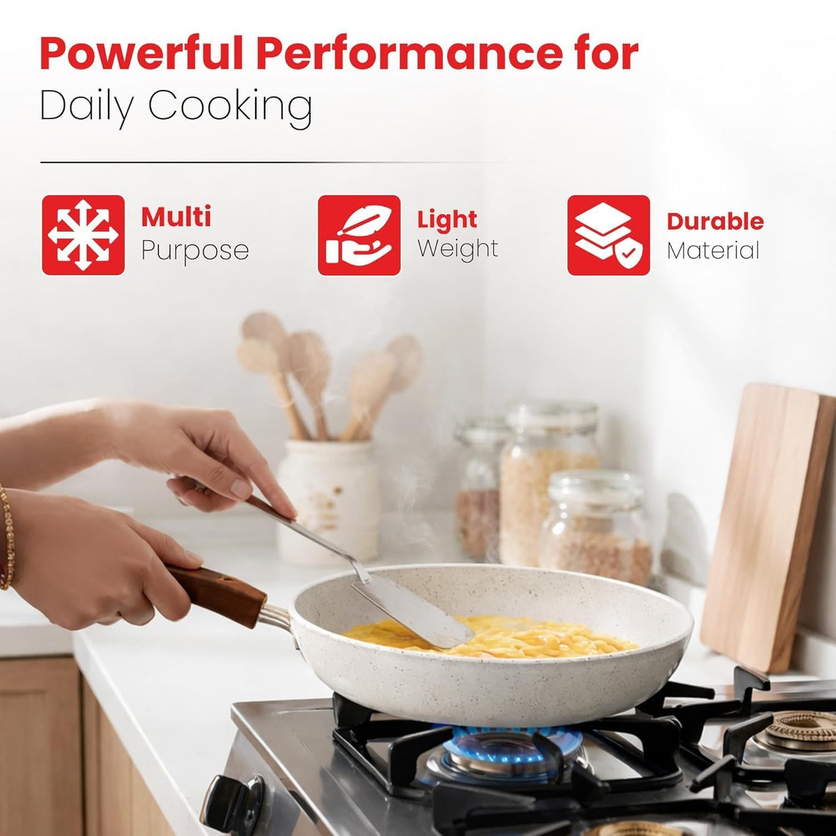 Rioware Non-Stick Maifan Frying Pan (3L) | 5-Layer Non-Stick Coating | Induction, Ceramic, Electric & Gas Compatible | Dishwasher Safe |Multipurpose Pan for Eggs, Stir-Fry (24CM, Maifan Frypan White)