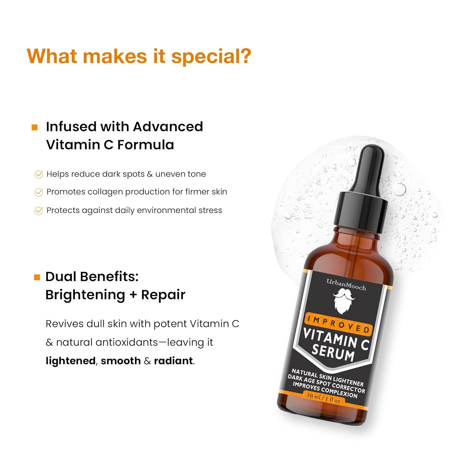 UrbanMooch 10% Vitamin C Face Serum | With Vitamin C, 5% Niacinamide & Hyaluronic Acid | Fades Dark Spots | Reduces Pigmentation | Boosts Collagen | Brightens Skin | Suitable For All Skin Types | 30ml Lohiya Retails