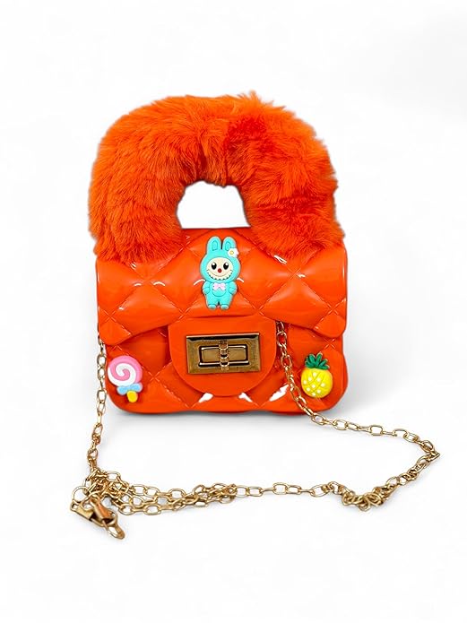 Buddy Cares Girls Hand-Held Quilted Sling Bag with Fur Handle and Charms – Kids Handbag – Detail View