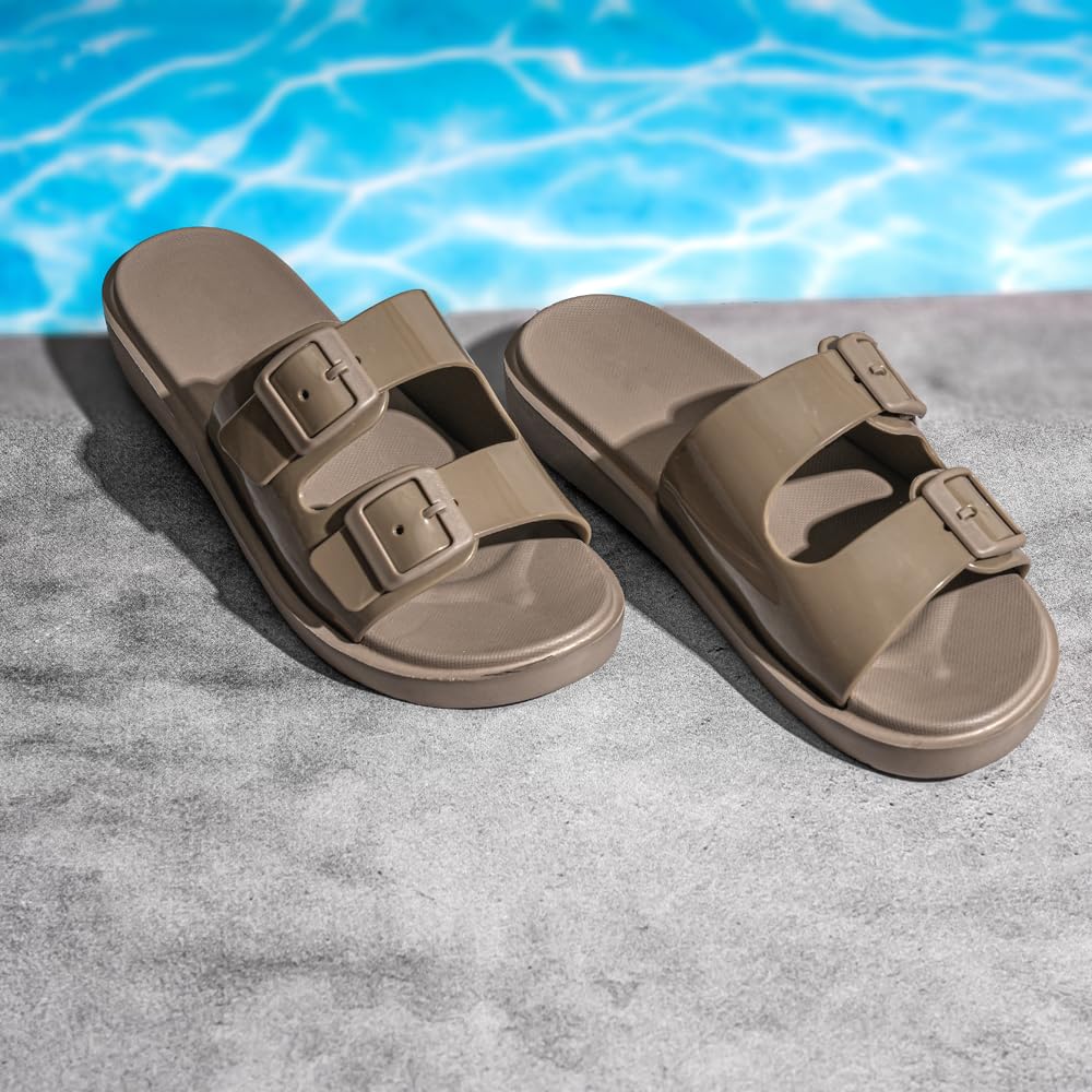 Indifeet Rubber Double Buckle Slides for Women - Brown - Image 5