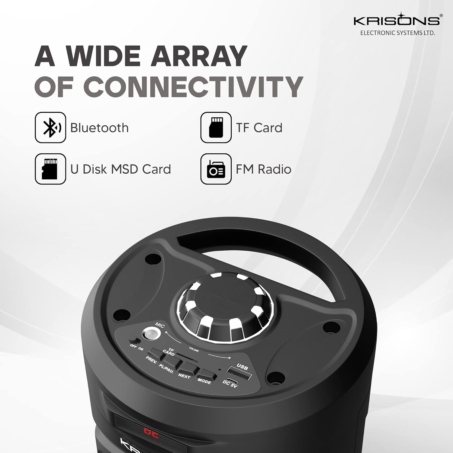Krisons Cylinder 30W Double Woofer Multimedia Bluetooth Party Tower Speaker with Wired Mic, RGB Lights, USB, SD Card & FM Radio – Black