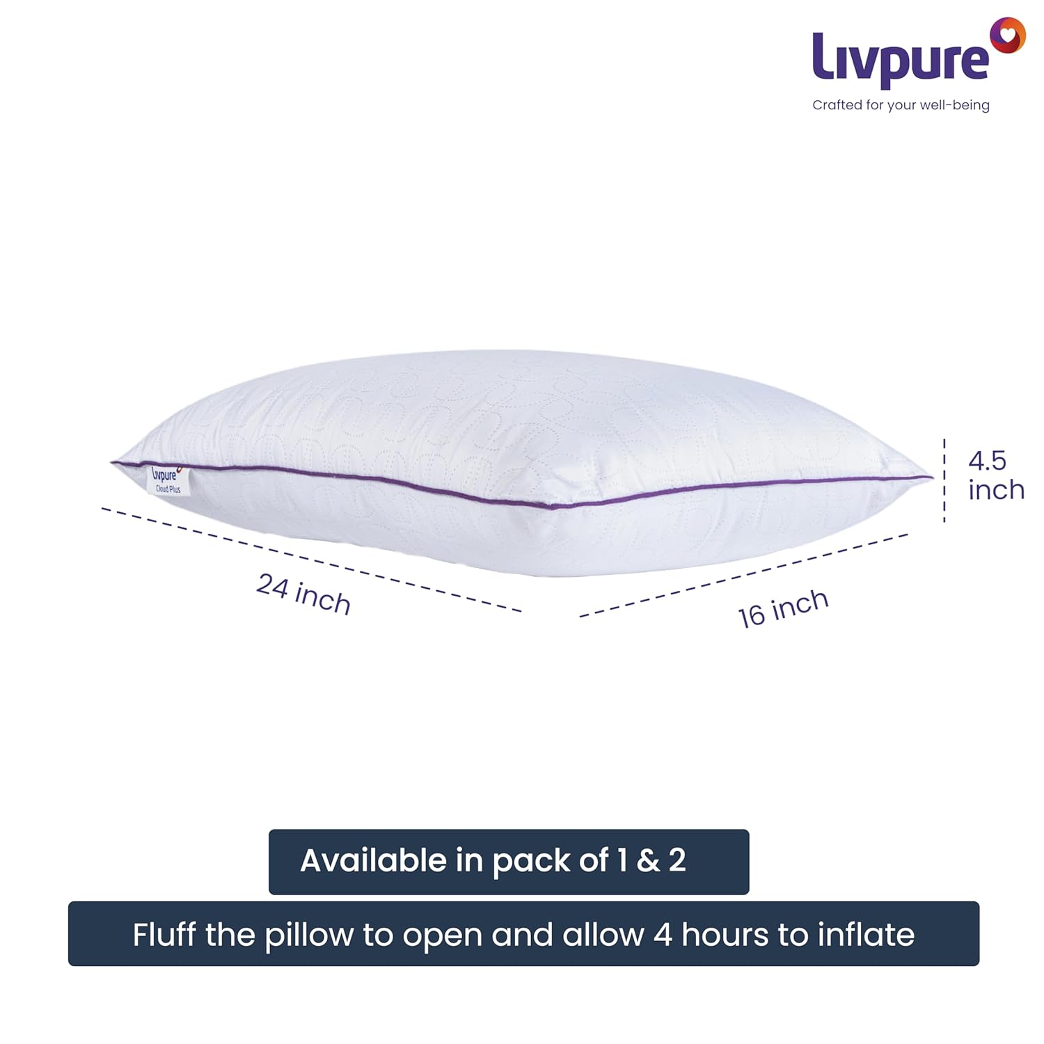 Livpure Smart Cloud Plus Premium Fiber Pillow – Extra Plush Memory Fiber Bed Pillow, White (Pack of 2)