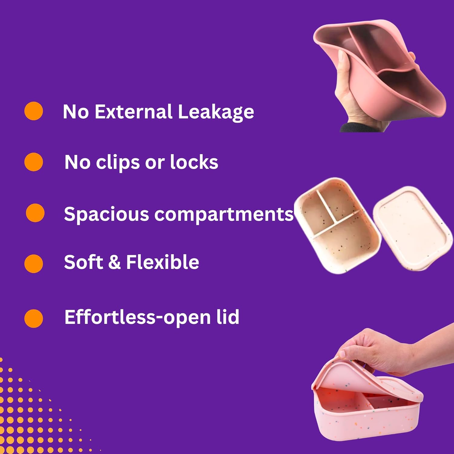 Essential+ Silicone Lunch Box Tiffin – 3-Compartment, 715 ml, Leak Proof Bento Snack Lunchbox