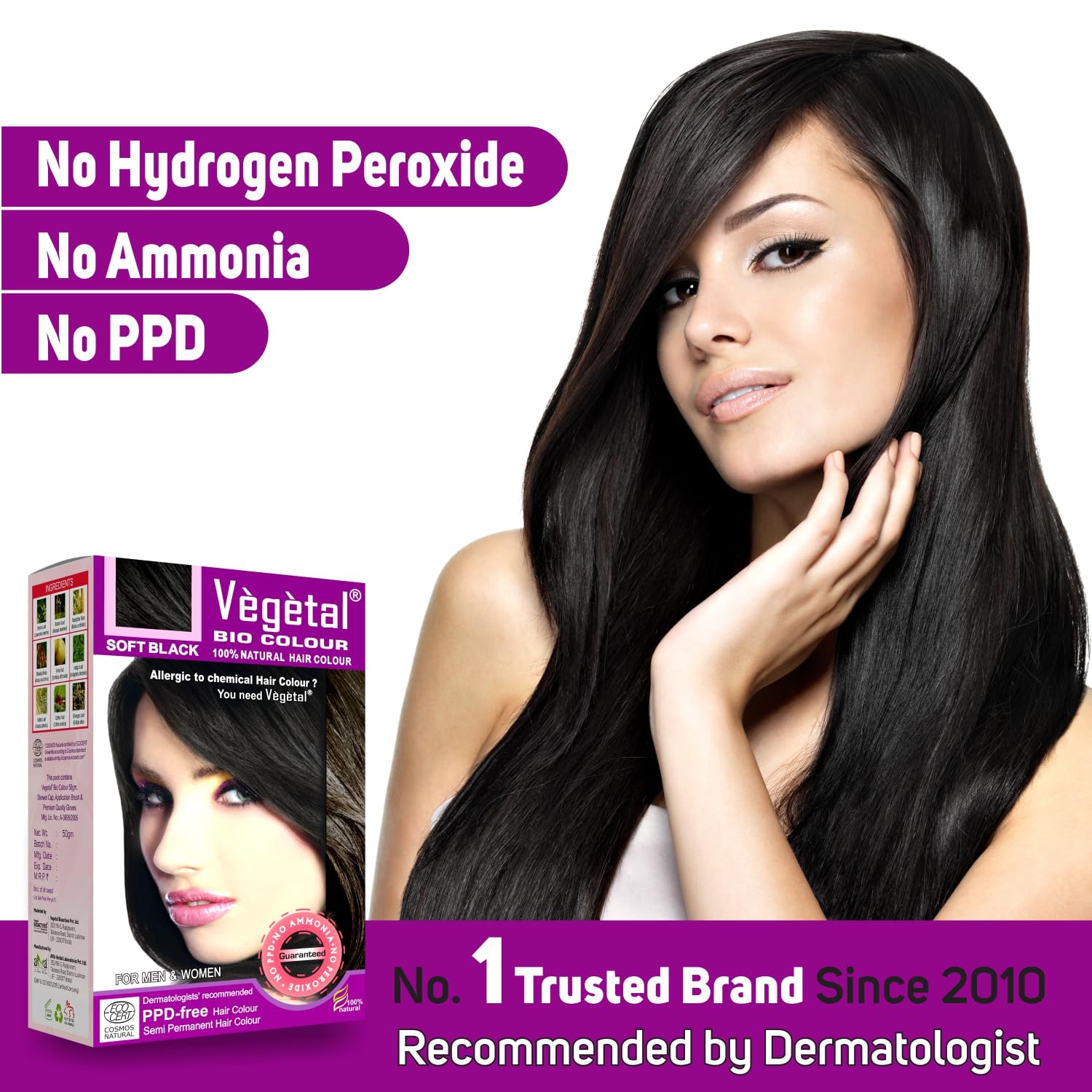 Vegetal Bio Hair Colour - Soft Black | 50g | Achieve Natural, Ammonia-Free Hair Color | PPD-Free, 100% Herbal Certified Organic for Men and Women | UV Protection and Luster Maintenance | Complete Kit