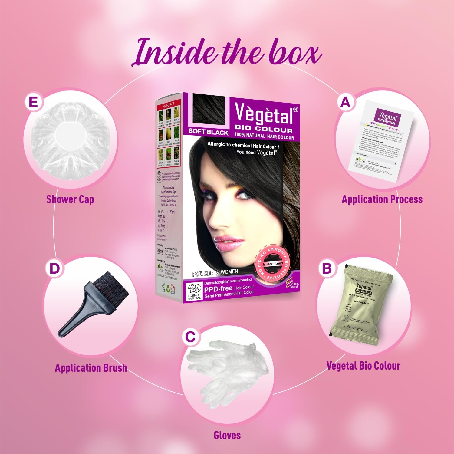 Vegetal Bio Hair Colour - Soft Black | 50g | Achieve Natural, Ammonia-Free Hair Color | PPD-Free, 100% Herbal Certified Organic for Men and Women | UV Protection and Luster Maintenance | Complete Kit