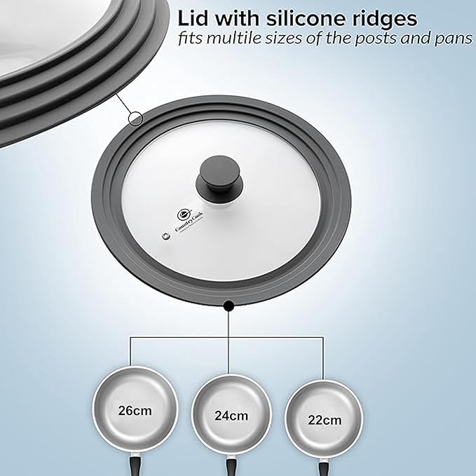 CountryCook Multi-Size Tempered Glass Lid with Steam Vent for 22/24/26 cm Frying Pan, Kadai & Skillet – Grey