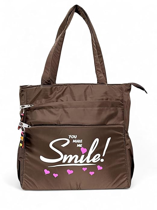Buddy Cares Smile Shoulder Bag for Women – Tote Bag with "You Make Me Smile" Print – Dark Brown