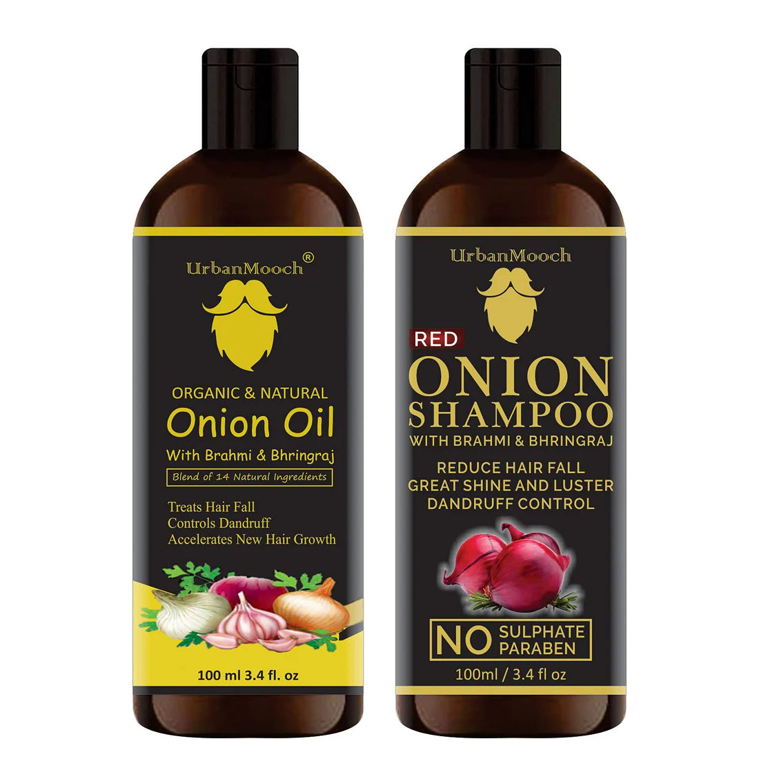 UrbanMooch Premium Onion Hair Oil & Shampoo Combo Pack | 2 Items with 100 ml Each | Nourishes & Promotes Hair Growth | Perfect for Men & Women | Featuring Onion Shampoo Benefits
