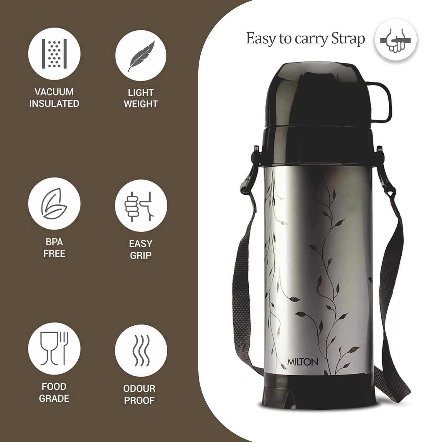 Milton Eiffel 1000 Plastic Insulated Flask, 910 ml, Black | BPA Free | Easy To Carry | Food Grade