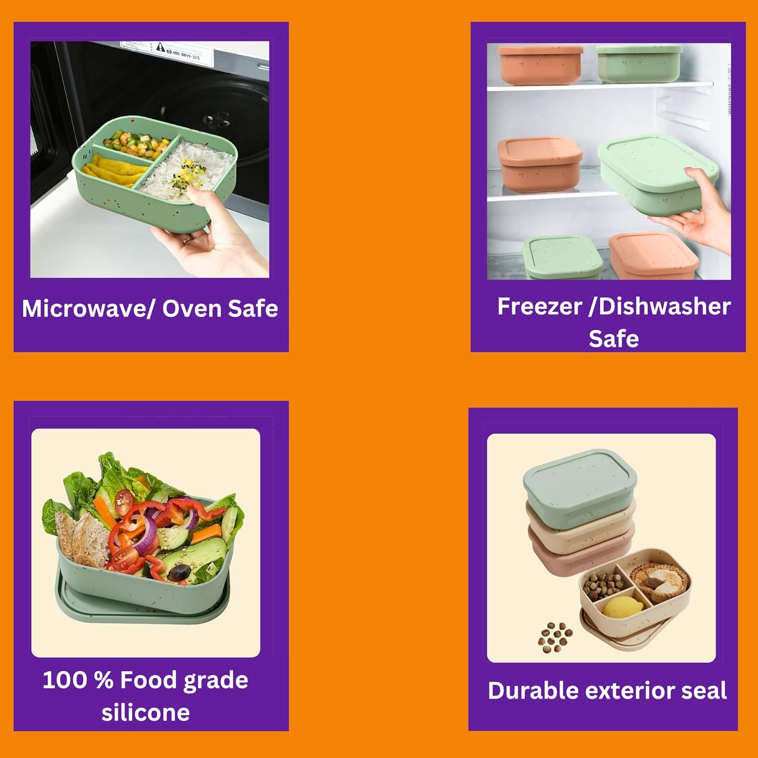Essential+ Silicone Lunch Box Tiffin – 3-Compartment, 715 ml, Leak Proof Bento Snack Lunchbox