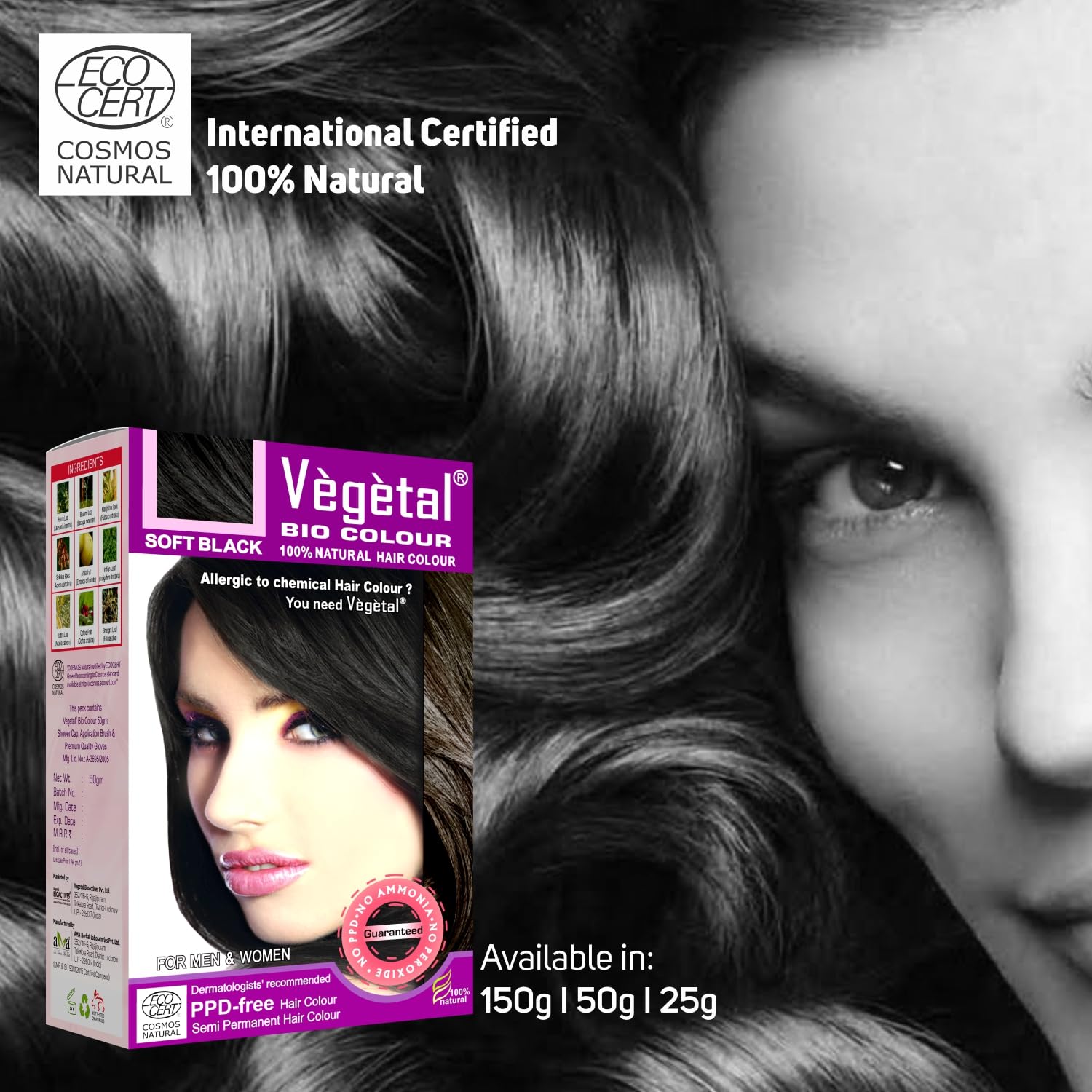 Vegetal Bio Hair Colour - Soft Black | 50g | Achieve Natural, Ammonia-Free Hair Color | PPD-Free, 100% Herbal Certified Organic for Men and Women | UV Protection and Luster Maintenance | Complete Kit