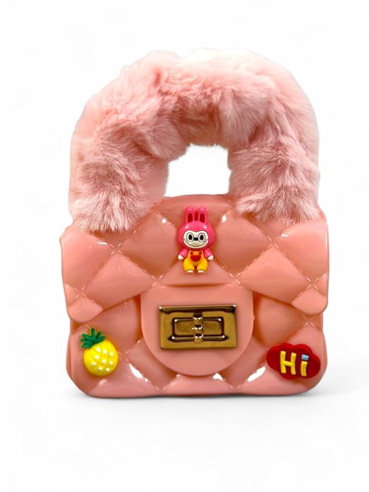 Buddy Cares Girls Hand-Held Quilted Sling Bag with Fur Handle and Charms – Kids Handbag – Pink