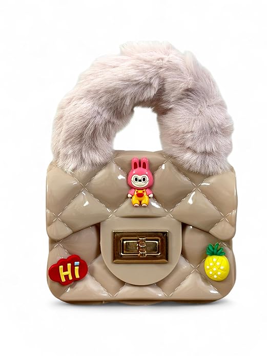 Buddy Cares Girls Hand-Held Quilted Sling Bag with Fur Handle and Charms – Kids Handbag – Beige