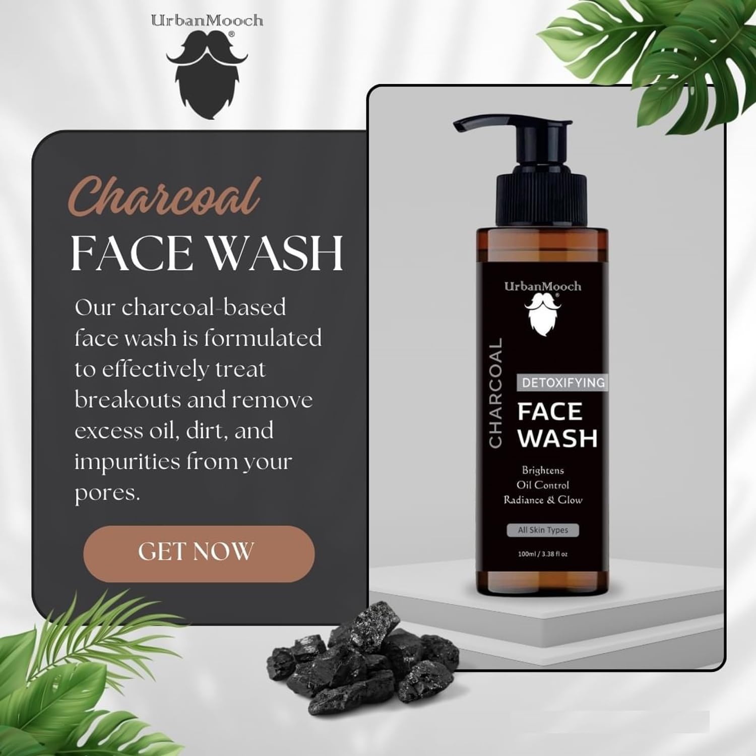 UrbanMooch Activated Charcoal Face Wash for Men – Deep Cleansing Daily Cleanser with Aloe Vera & Niacinamide | Removes Blackheads, Oil & Impurities | Brightening & Refreshing Skin – 100 ml Lohiya Retails