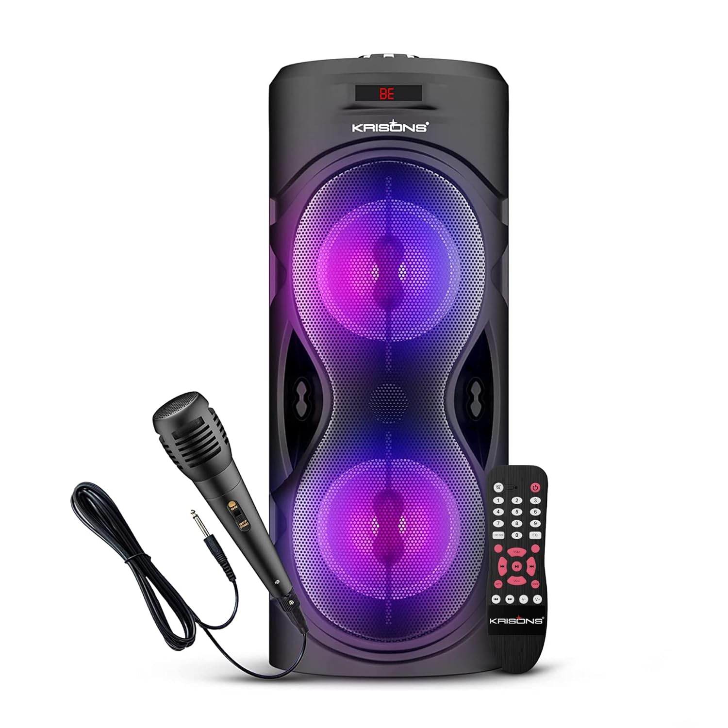 Krisons Cylinder 30W Double Woofer Multimedia Bluetooth Party Tower Speaker with Wired Mic, RGB Lights, USB, SD Card & FM Radio – Black