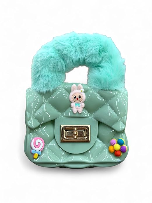 Buddy Cares Girls Hand-Held Quilted Sling Bag with Fur Handle and Charms – Kids Handbag – Green