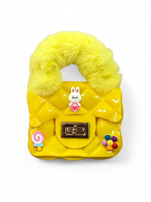 Buddy Cares Girls Hand-Held Quilted Sling Bag with Fur Handle and Charms – Kids Handbag – Yellow