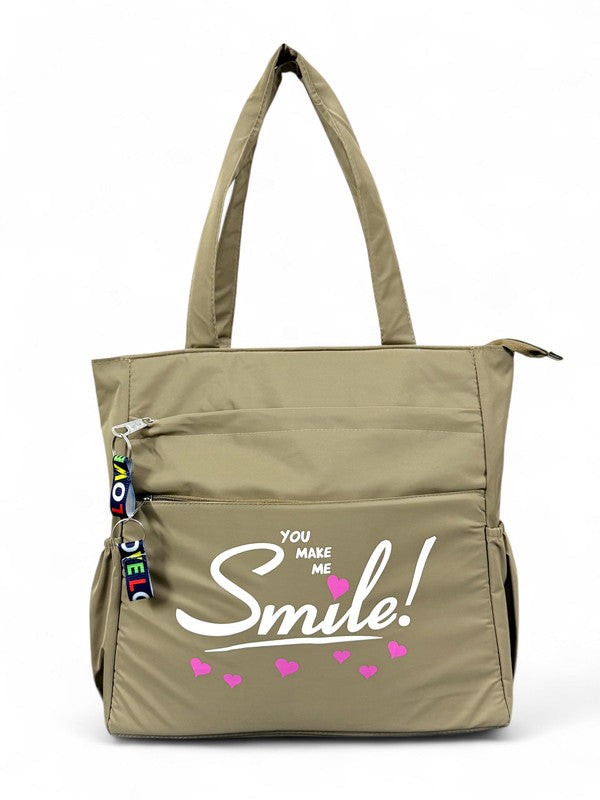 Buddy Cares Smile Shoulder Bag for Women – Tote Bag with "You Make Me Smile" Print – Khaki