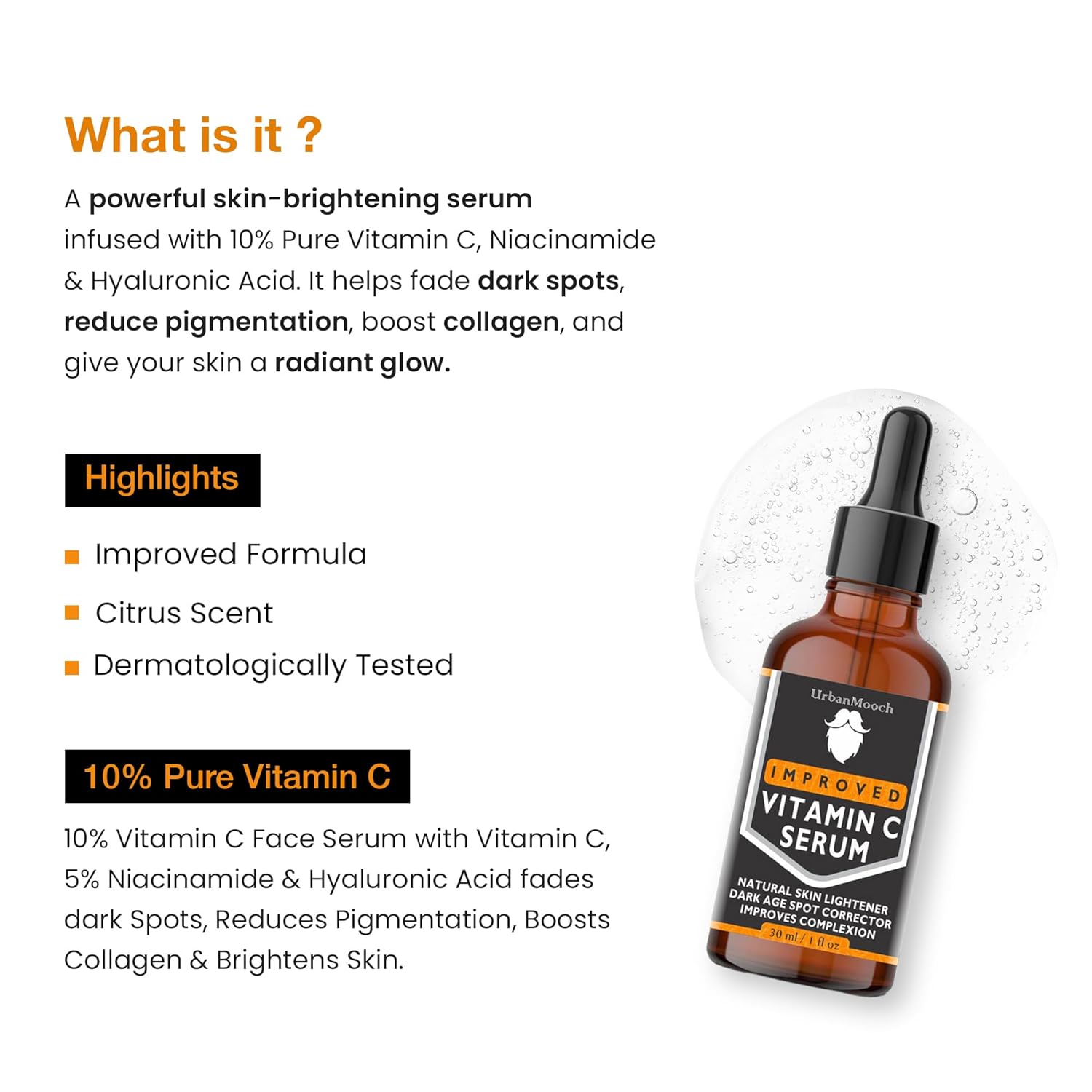 UrbanMooch 10% Vitamin C Face Serum | With Vitamin C, 5% Niacinamide & Hyaluronic Acid | Fades Dark Spots | Reduces Pigmentation | Boosts Collagen | Brightens Skin | Suitable For All Skin Types | 30ml Lohiya Retails