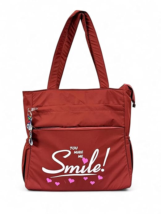 Buddy Cares Smile Shoulder Bag for Women – Tote Bag with "You Make Me Smile" Print – Maroon