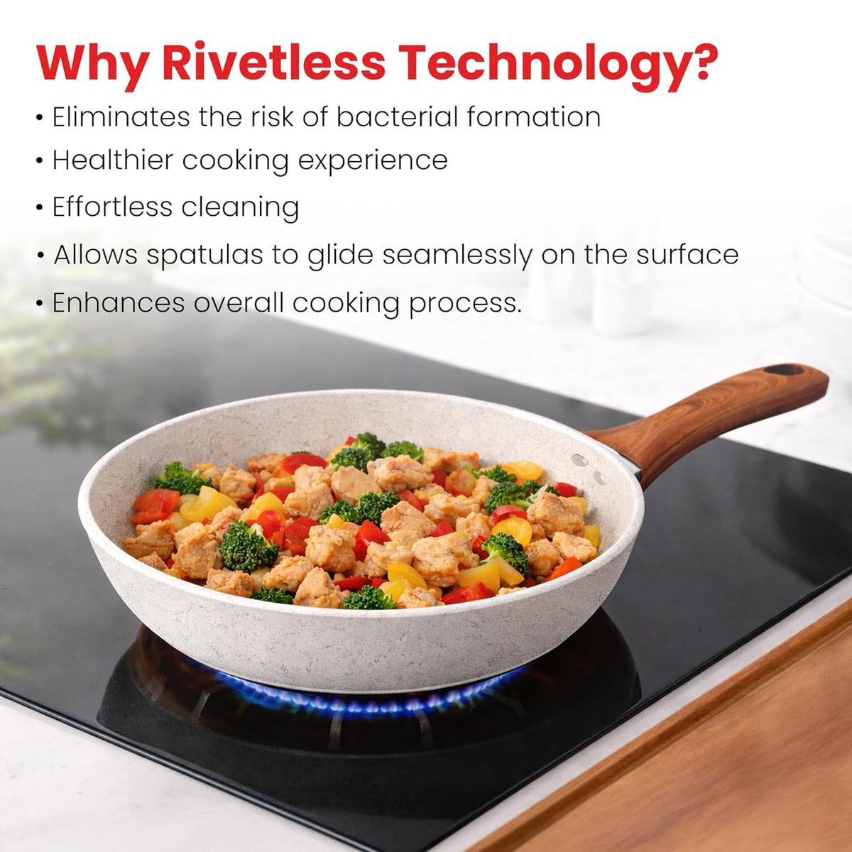 Rioware Non-Stick Maifan Frying Pan (3L) | 5-Layer Non-Stick Coating | Induction, Ceramic, Electric & Gas Compatible | Dishwasher Safe |Multipurpose Pan for Eggs, Stir-Fry (24CM, Maifan Frypan White)