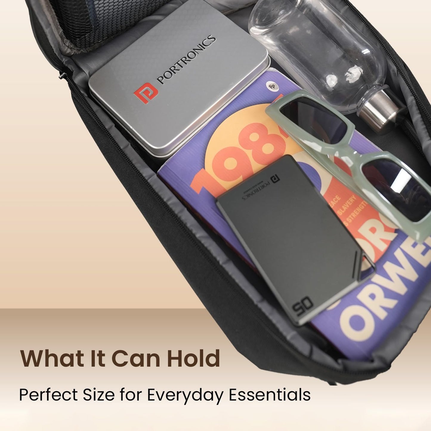 Portronics Byte Mini, Unisex Crossbody Sling Bag with Water-Resistant Hard Shell, Fits Devices up to 13 Inches, Smart Organizer, Switchable Strap, Ergonomic Lightweight Design for Men and Women(Black)