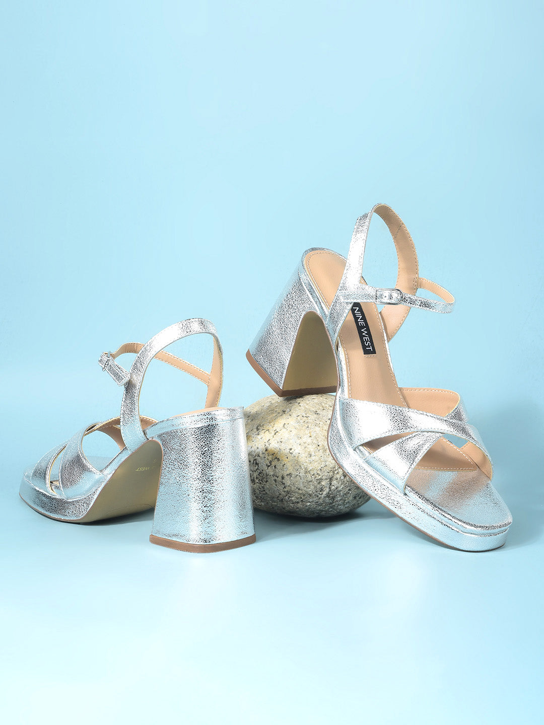 Nine West Women Ankle-Strap Block Heel Sandal - Silver - View 6