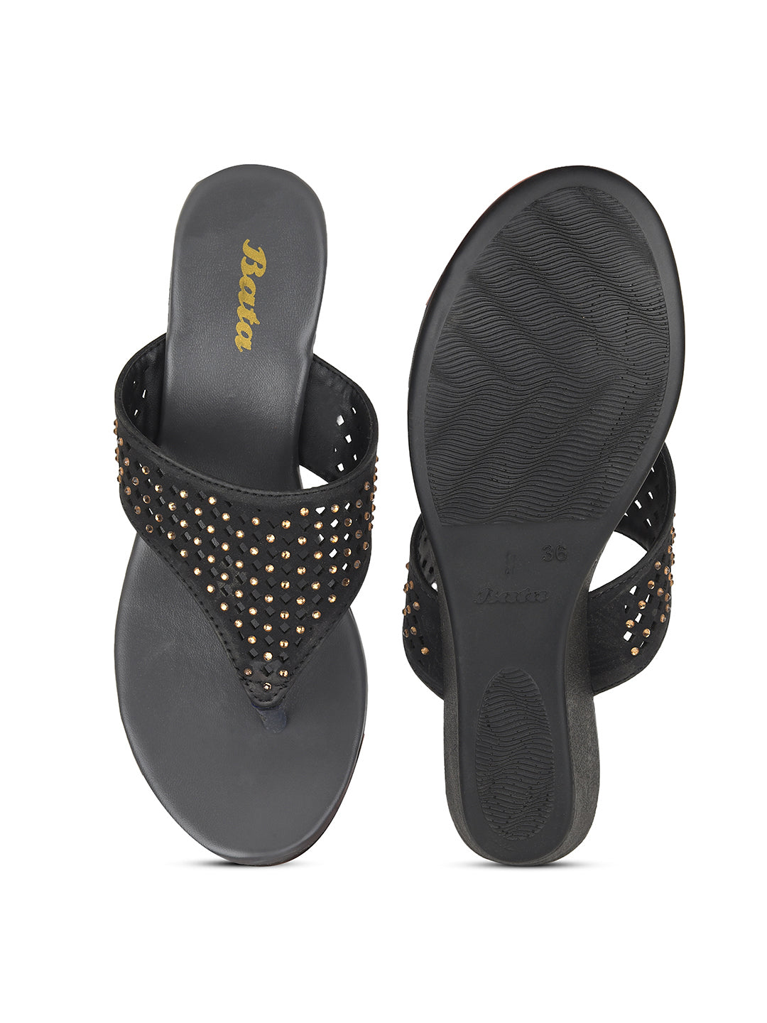 Bata Women Black Wedge Heel Thong Sandal - Black - View 4