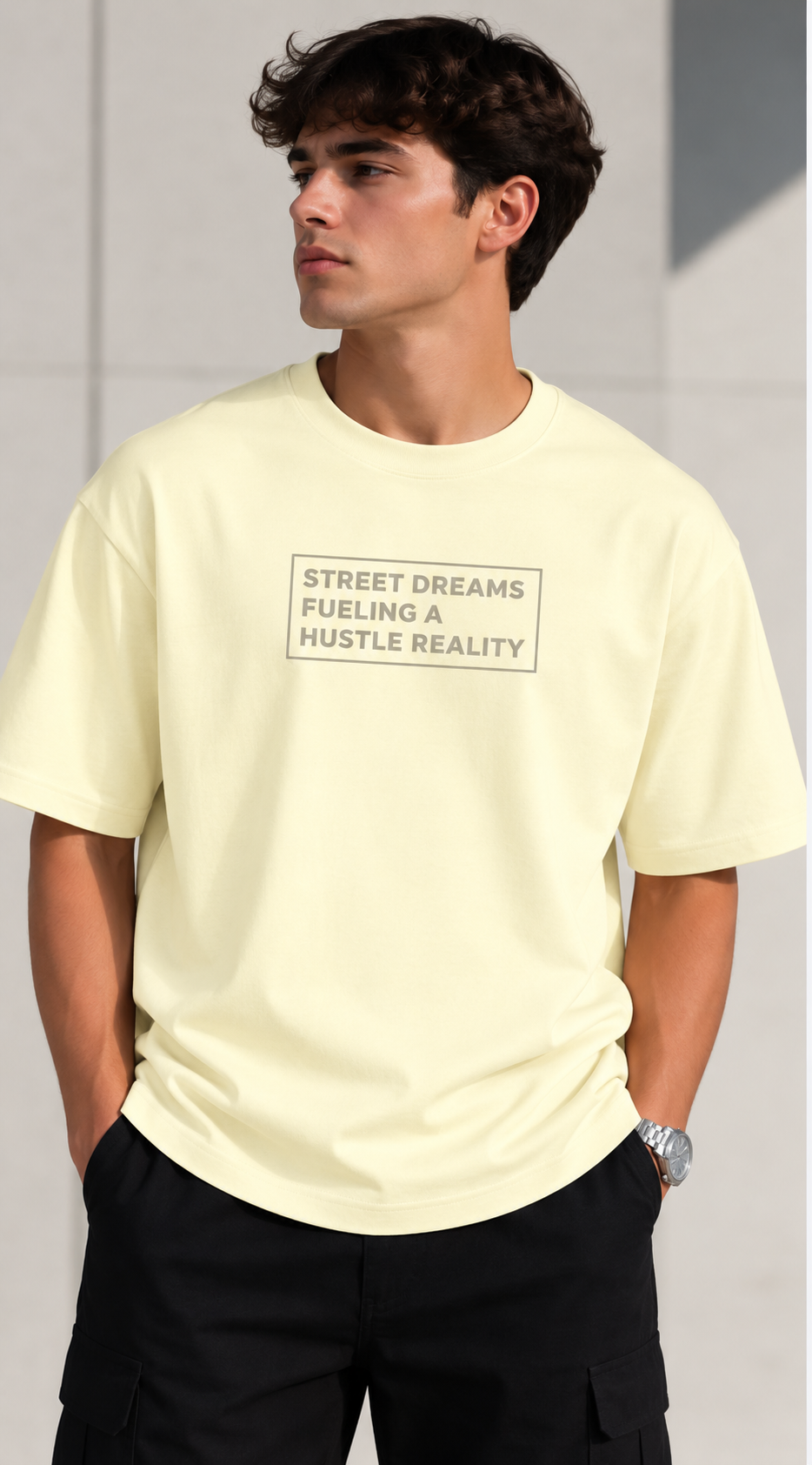 HUSTLE Men's Crew Neck Oversized Tees - Cream