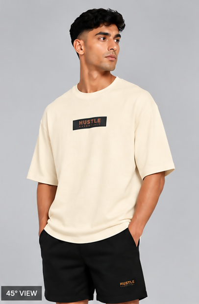 HUSTLE Men's Crew Neck Oversized Tees - Cream