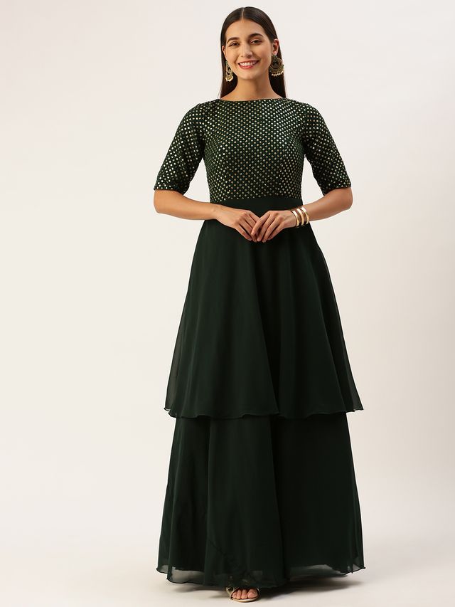 Bollywood Vogue Ready To Wear Green Georgette Embroidered Layered Gown